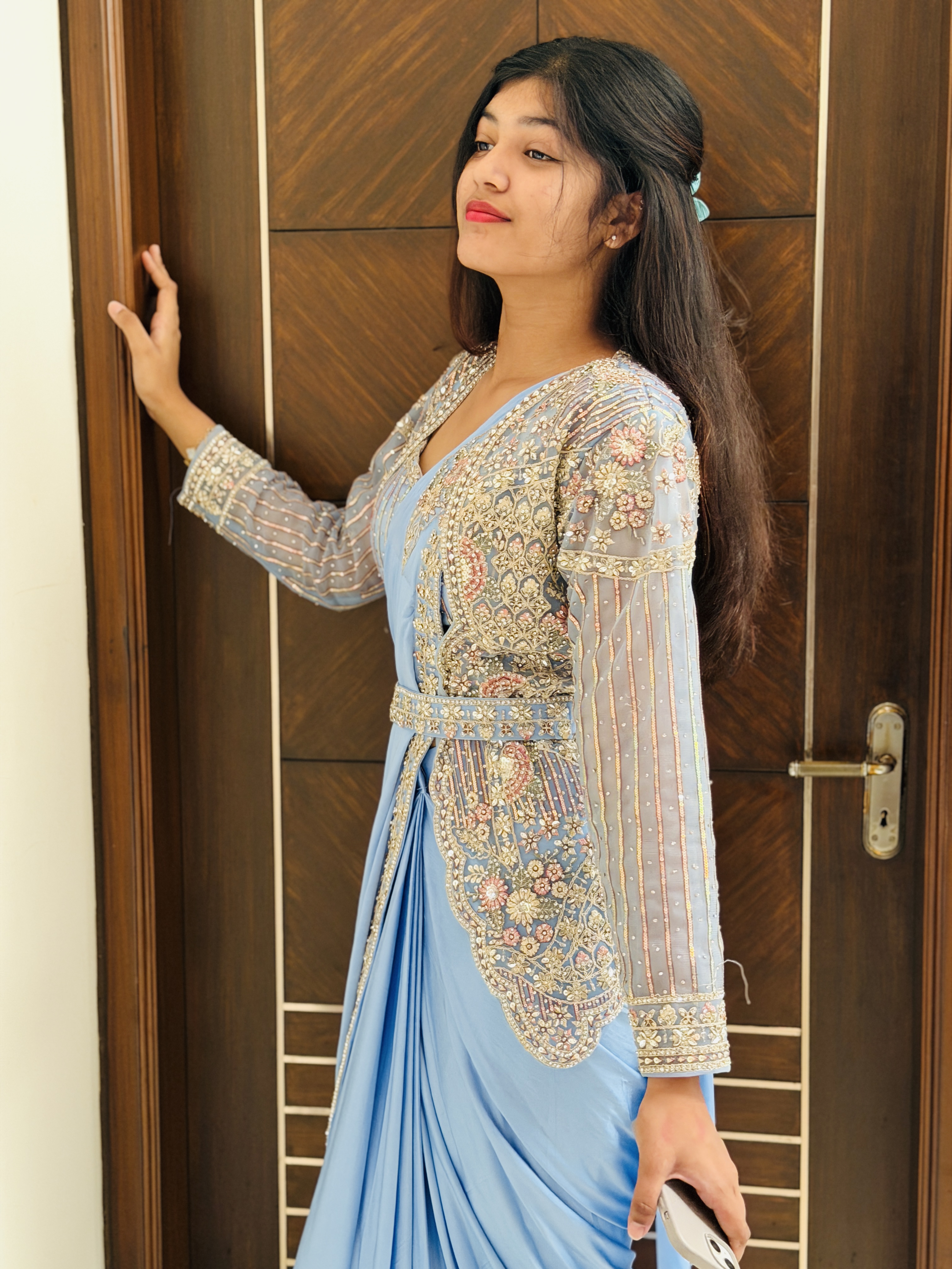 Readymade saree with coat